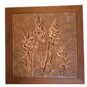 Vintage Wheat Design Pottery Art Tile Trivet Wood Framed Brown Kitchen